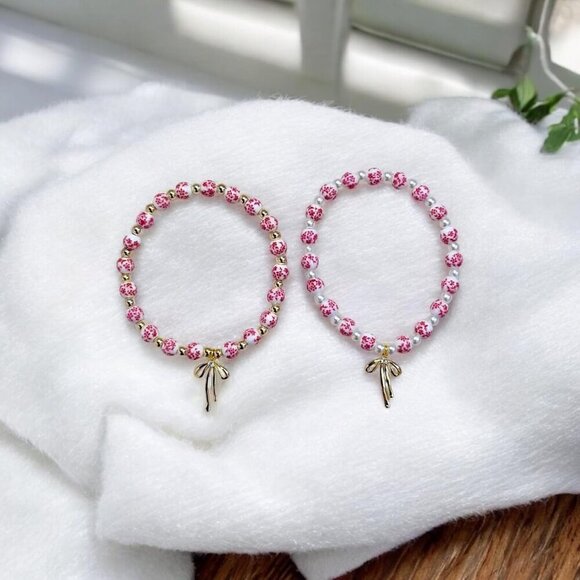 Pink with Pearl Flower Handmade Stretch Dainty Bead Bow Charm Bracelet for Women - Picture 4 of 4